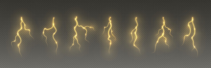 Thunderstorm lightning, thunderbolt strike, realistic electric zipper, energy flash light effect, yellow lightning bolt isolated on dark background. Vector illustration.