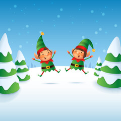 Obraz na płótnie Canvas Cute and happy Elves girl and boy celebrate Christmas holidays - vector illustration on winter landscape