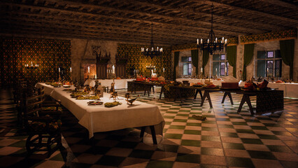 Medieval banquet hall with the remains of a feast on the wooden tables. 3D illustration.