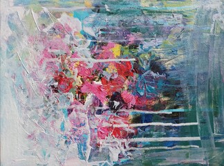 Multicolored artistic background.  Modern art. Acrylic artwork . Contemporary art. Abstract painting. Bright artistic background with brushstrokes. Layers of paint. Steps in painting. 