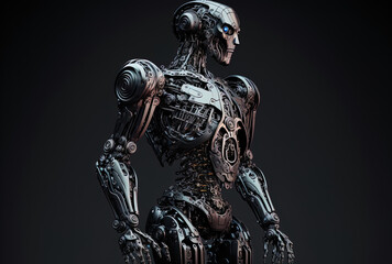 On a black backdrop, an Android robot constructed of sophisticated materials. Generative AI