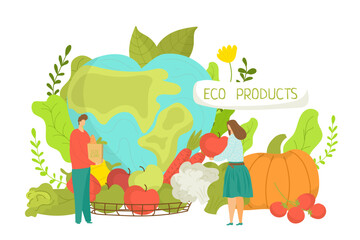 Eco food concept, healthy organic natural vegetables and fruits for fresh market, ecology, vector illustration. Vegan ecological diet.