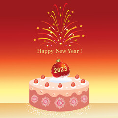 Happy New Year 2023 greeting card.  New Year's cake decorated with snowflakes, strawberries and Christmas ball with the date 2023 on background with fireworks  for postcards, posters, winter holidays.