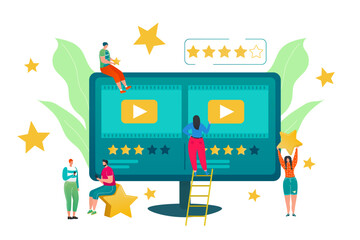 Film review concept vector illustration. People vloggers rating films, giving positive feedback to best movies. Ranking video with stars.