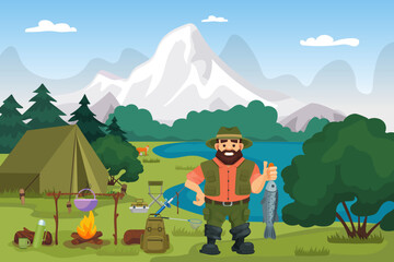Fisherman on the lake holding fish vector illustration. Fishing and hiking sport or hobby on nature in summer. Camping with tent, fire.