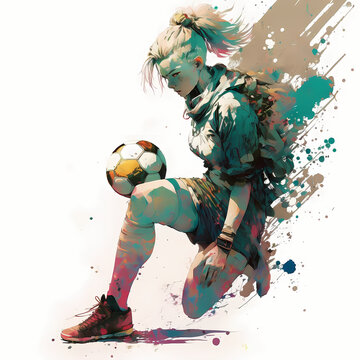 Portrait Of A Woman Football With A Painted Face, Color Splash, Digital Illustration Generative Ai Art Style