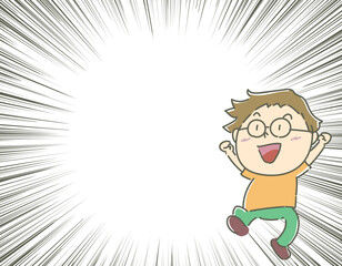 笑顔　嬉しい　笑顔　飛ぶ　飛び上がる　メガネ　男の子　集中線