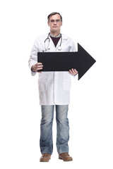 doctor with a stethoscope pointing in the right direction.