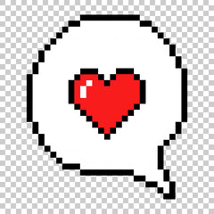 Red heart inside speech bubble pixel art isolated on transparent background. Computer games graphics vector illustration. Cute decoration for Valentine's day, wedding