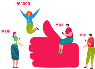 Addiction to likes, social media concept, vector illustration. Global network and people addicts to internet sharing feedback in phone.