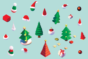 New Year set of illustrations. Christmas trees, santa hat, gingerbread house. Merry Christmas