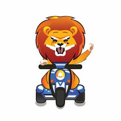 Cute Hairy Lion King cheerfully Riding A Scooter Bike and Waving Hand, Lion Mascot Logo Design