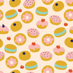 Bright Hanukkah seamless pattern with donuts. Perfect for wrapping paper, greeting cards, wallpaper. Jewish holidays. Vector illustration