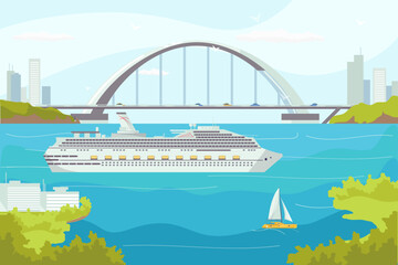Sea transport, luxury cruise ship liner in ocean waters vector illustration. Boats and yacht, sea transportation for nautical travel.