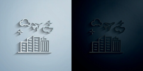 Airplane, buildings, flight paper icon with shadow vector illustration