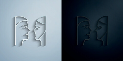 Human and robot talking concept line paper icon with shadow vector illustration