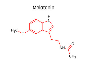 Melatonin molecular structure. Melatonin is a hormone controlling sleep-wake cycle. Vector structural formula of chemical compound with red bonds and black atom labels.