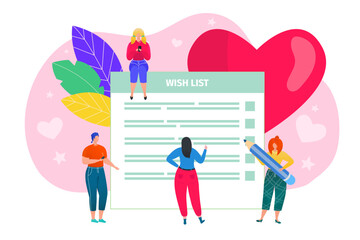 Wish list concept vector illustration. Checkout, sale, e-commerce, delivery of gifts on christmas or new year. Plan for holiday shopping.