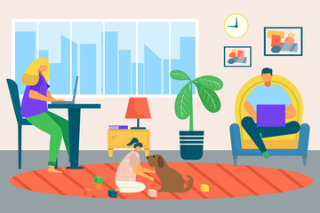 Freelance work home, male, female character working on laptop at home, self employed, home office vector illustration. Workplace.