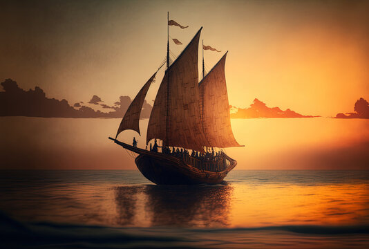 Boat Constructed Of Wood Sailing In The Ocean At Sunset As The Sky Is Hazy. Generative AI