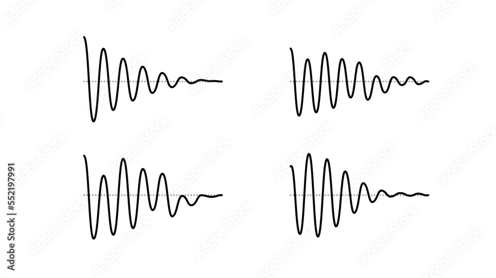 Poster Sinusoid fading signal set. Black curve sound wave collection. Voice or music audio concept. Pulsating lines. Fading out electronic radio graphics. 