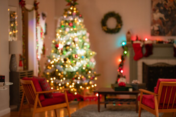 Out of focus Christmas scene in a living room. Backplate