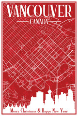 Red vintage hand-drawn Christmas postcard of the downtown VANCOUVER, CANADA with highlighted city skyline and lettering