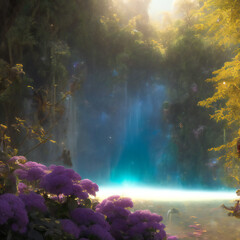 Fototapeta na wymiar a detailed matte painting of a waterfall surrounded by purple flowers, made with generative ai
