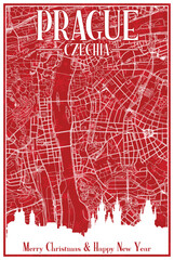 Red vintage hand-drawn Christmas postcard of the downtown PRAGUE, CZECHIA with highlighted city skyline and lettering