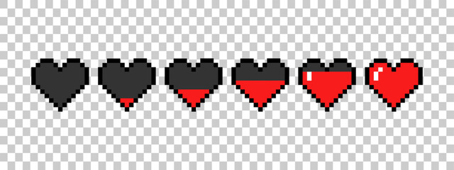 Pixel game life bar. Vector art 8 bit health heart bar. Gaming controller, symbols set. Five lives. Vector illustration isolated on transparent background