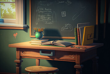 a school desk with books next to a chalkboard. Generative AI