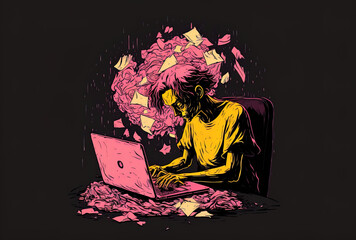 On a dark backdrop, a person is hitting a button on a laptop with pink and yellow crumpled papers. Generative AI