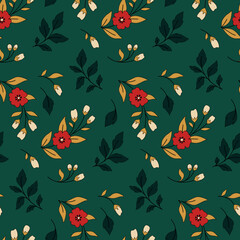 Seamless floral pattern with decorative art plants. Beautiful botanical design in folk style, flower print: wild plants, flowers, small branches, leaves on a green background. Vector illustration.