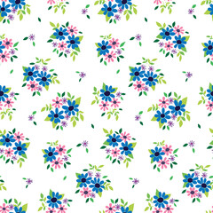 Fototapeta na wymiar Seamless floral pattern in a romantic rustic style. Pretty ditsy design, liberty flower print with small hand drawn flowers, tiny leaves, mini bouquets on white background. Vector illustration.