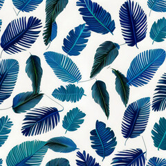 pattern with blue tropical leaves on white background, blue palm branches, backdrop for your banner, trendy texture with natural ornament