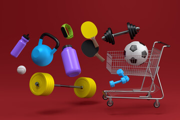 Sport equipment for fitness, gym, crossfit in shopping cart on red