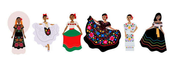 Group of women wearing traditional Mexican ethnic wear. Mexican women wearing folk costumes and traditional regalia. Tehuana, Jarocha, China poblana, Chiapaneca , Yucateca and Tabasqueña ethnic wear. - obrazy, fototapety, plakaty