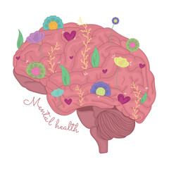 Isolated brain with leaves and flowers Mental health Vector illustration