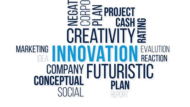 inovation Word cloud animation concept. Kinetic Typography animation.Collage made of words about holography.