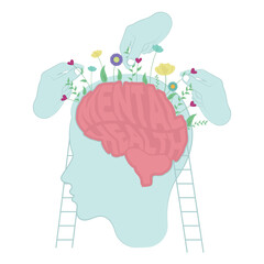 Head silhouette with brain and flowers Mental health Vector illustration