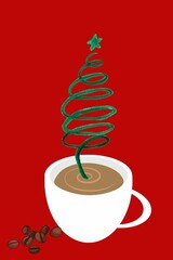 Christmas cup of coffee and coffee beans on a red background. The concept of Christmas and New Year greeting cards. Vertically, copy space.
