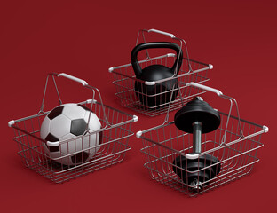 Sport equipment for fitness, gym, crossfit in shopping basket on red