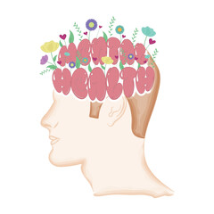 Male avatar with flowers and leaves on head Mental health Vector illustration