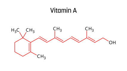 Vitamin A molecular structure. Vitamin A is important for human vision. Vector structural formula of chemical compound with red bonds and black atom labels.