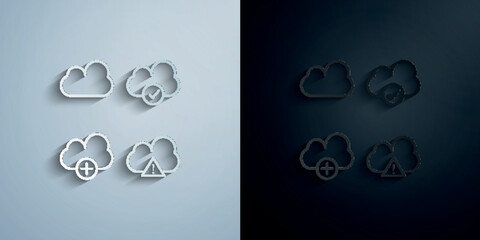 Cloud, exclamatory, check, plus sign paper icon with shadow vector illustration