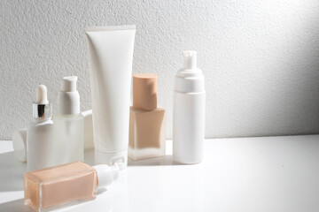 beauty cosmetic bottle mockup of skin care medical, cleanser of facial foam lotion, makeup for face, container packaging of healthycare branding