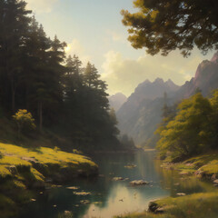 a detailed matte painting of a river surrounded by mountains, made with generative ai