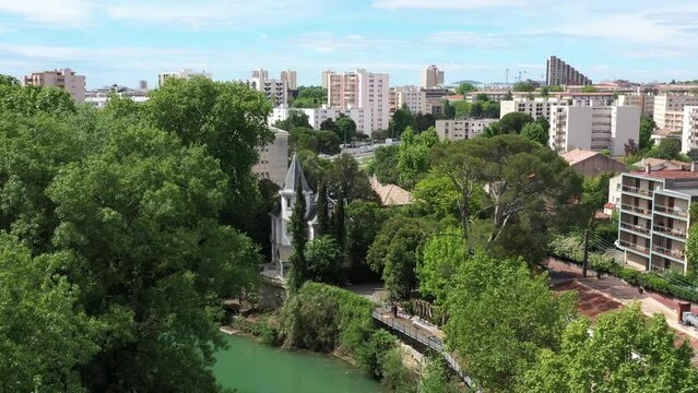 Montpellier aerial view from the river le Lez buildings in background