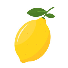 Lemon vector illustration. One fresh lemon. Citrus fruit. Colorful lemon with green leafs. Juicy lemon from nature. Cute and simple flat design object. Tropical freshness.