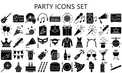 Simple Set of Party Related Vector glyph Icons. Contains such Icons as music, food, Dj, Masquerade and more. vector EPS 10 ready convert to SVG. use for modern concept, UI or UX kit, web and app.